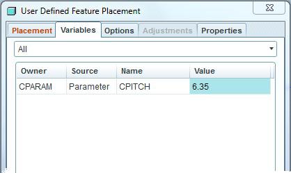 3. Next, the UDF feature placement dialog box will appear. Utilize the Variables tab to set your chain pitch value if known. Standard values for millimeter parts are shown in figure 1. Figure 4 4.