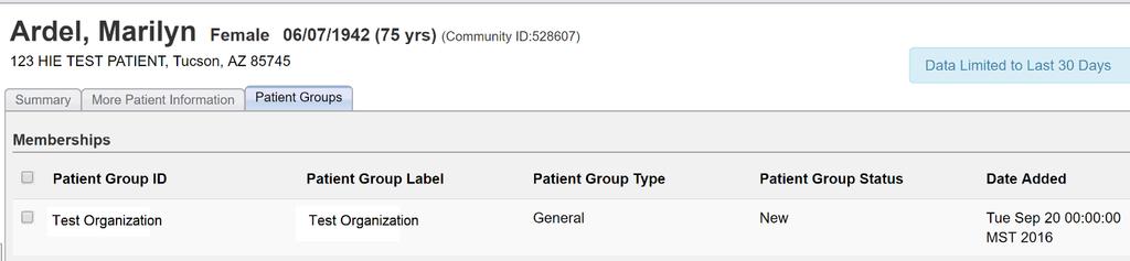 Patient Groups The last tab within the portal is the 'Patient Groups' tab. Patient Groups allows an organization to view the groups to which the patient belongs.