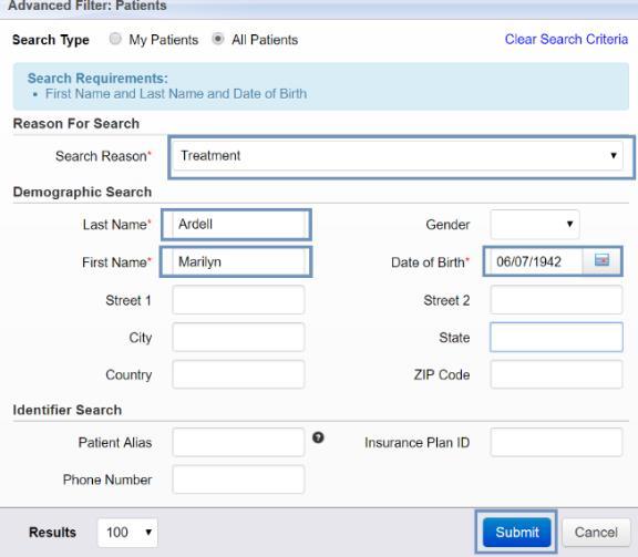 Once the required fields have been filled out, click submit for a list of matching patients.