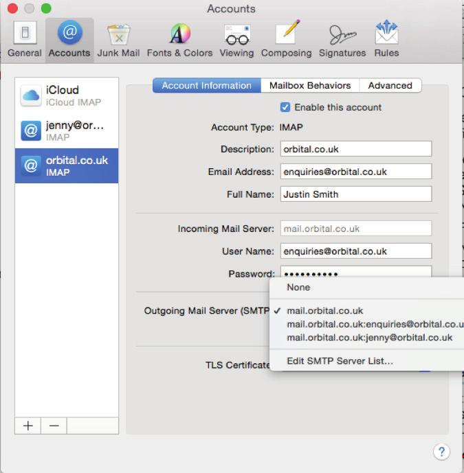 Apple Mail email continued 7. In Outgoing Mail Server Info, your SMTP Server is the same as your Mail Server from Step 5, as are your User Name and Password.