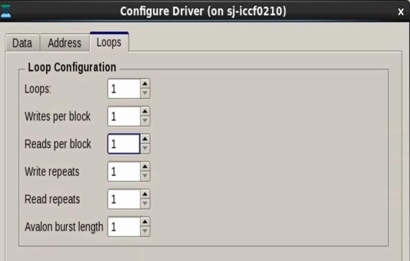 13. Intel Arria 10 EMIF IP Debugging Figure 136. Loops Tab The Loops tab provides the following configuration options: Loops Specifies the number of blocks of transactions to be sent to the memory.