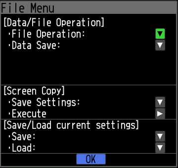 To save the recorded data, you need to save it by pressing [FILE] key. Auto save is performed. Data captured to the internal RAM is saved in the internal memory/sd card/ USB memory.