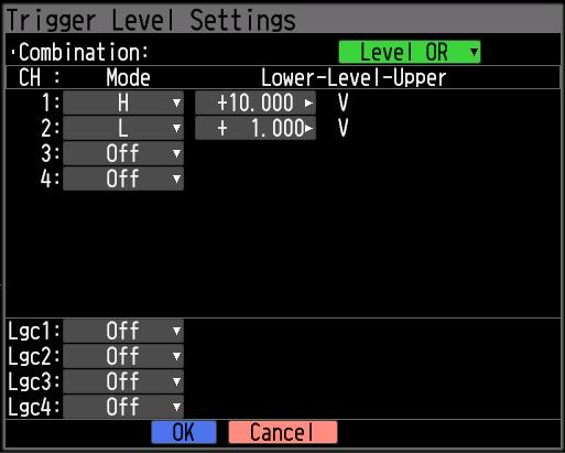 Trigger level settings/alarm level settings Specifies detailed conditions for each channel when the start and stop side source settings are Level.