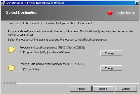 10. Use the second Change button to select the correct folder for existing PCLaw data and network components. 11.
