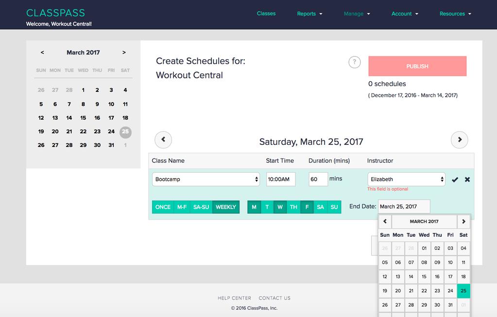 Adding schedules for an existing class type: 1. Choose a date to update by clicking on the calendar day you would like to edit in the upper left corner of the schedule creator. 2.