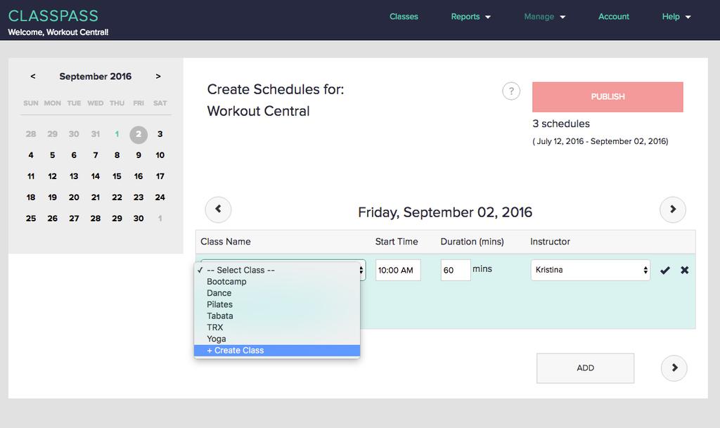 Adding schedules for a new class type: 1. Choose a date to update by clicking on the calendar day you would like to edit in the upper left corner of the schedule creator. 2.
