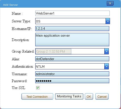 2. Fill in the following fields: Name Server identifier in CM Server Type - choose IIS / Apache according to the web server dotdefender is installed on Hostname/IP - web server's hostname / IP