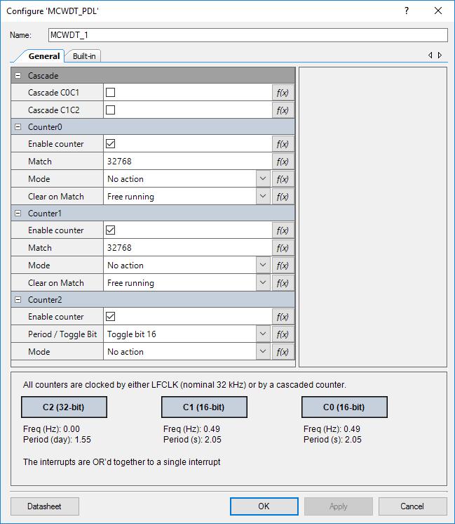 Multi-Counter Watchdog (MCWDT_PDL) PSoC Creator Component Datasheet Component Parameters Drag a MCWDT_PDL Component onto your design and double click it to open the