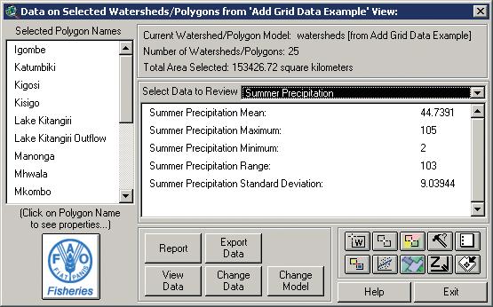 to the default list of selected data, and summary data will automatically be calculated for the selected set of watersheds in the main Watershed Statistics Module dialog (Figure 1.46). FIGURE 1.