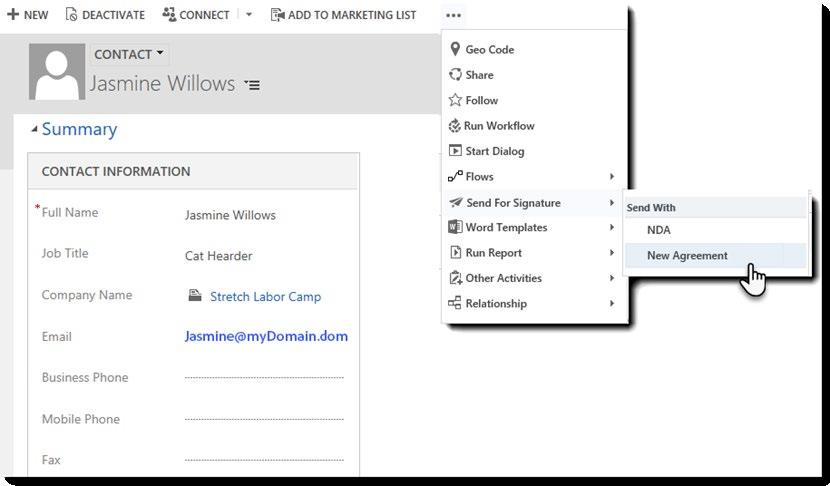 Sending for Signature When the Adobe Sign integration with Microsoft Dynamics CRM is installed, a Send for Signature option is available from the More menu.