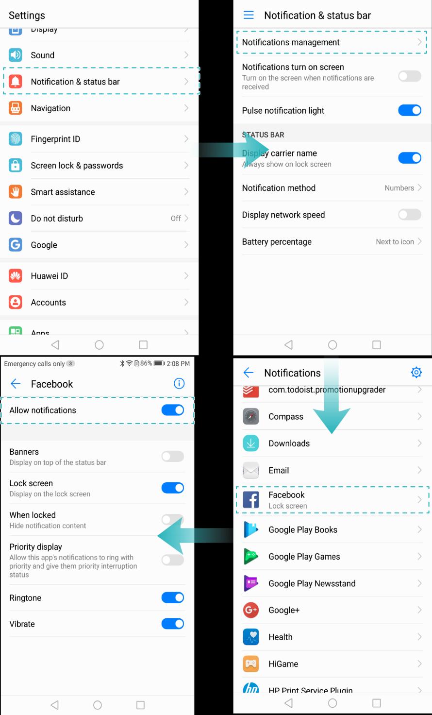 9 Application Management On your phone, touch Settings > Notification & status bar > Notifications management > Facebook and turn on Allow notifications. 2.