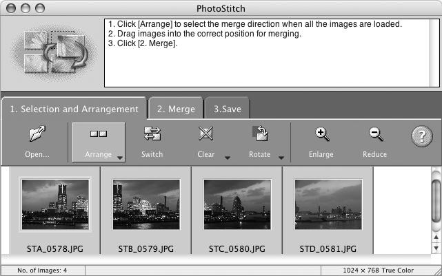 Using the Software on the Macintosh Platform Advanced Techniques 64 Merging Panoramic Images PhotoStitch You can create a wide panoramic image by merging images of a scene shot separately.