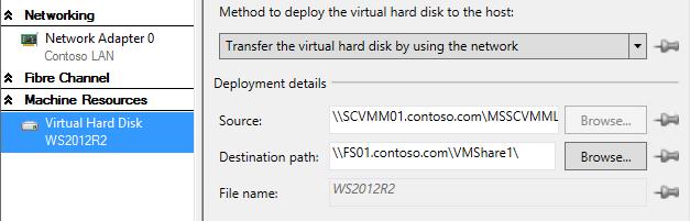 In the Select a Destination Folder window, expand File Shares, select \\FS01.contoso.com\VMShare1, and then click OK. 16. On the Configure Settings page, click Next.