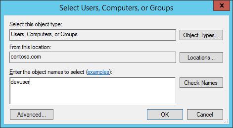 Type in devuser in the Enter the object names to select box, click Check Names,
