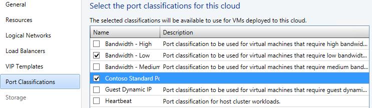 On the Port Classifications page, select Bandwidth Low and Contoso Standard Port, and then