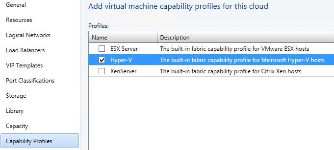 13. On the Capability Profiles page, select Hyper-V, and then click Next. 14.