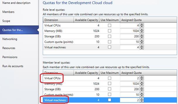 8. In the Member level quotas section, change the Virtual CPUs
