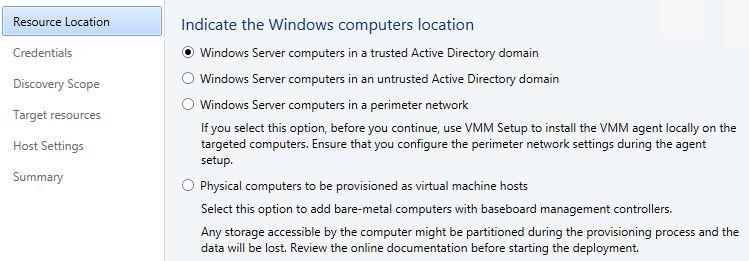 5. In the Add Resource Wizard, on the Resource Location page, leave the default selection of Windows Server computers in a trusted Active Directory domain, and then