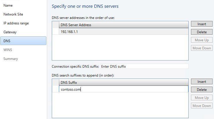 17. On the DNS page, next to DNS server addresses in the order of use, click Insert, and type 192.168.1.1 as the DNS Server address.
