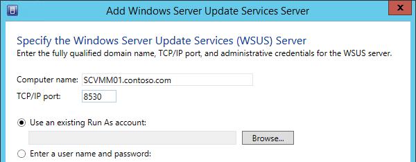 5. In the Add Windows Server Update Services Server window, enter the following information: Computer name: SCVMM01.contoso.com TCP/IP Port: 8530 6.