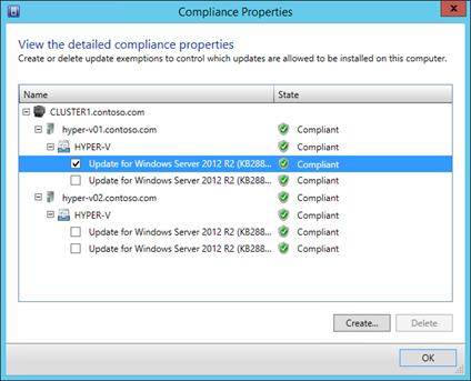 28. The Compliance Properties tool allows exemptions to be made for select updates on specific Hyper-V host computers. Under HYPER-V01.