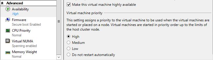 13. In the Availability detail pane, change the Virtual machine priority to