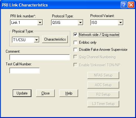 Under Options, select Network-side Interface and then Qsig. Select Update and then select Close.