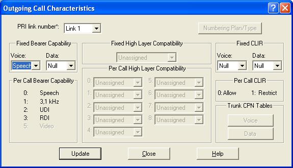 Configure the Outgoing Call Characteristics as follows: Select Config then Outgoing Call Characteristics.