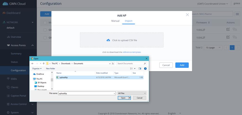Bulk-add AP using CSV file import Another option for bulk-add access points is to use CSV file upload, to do that follow below steps: 1- After clicking on Add under the menu Access Points
