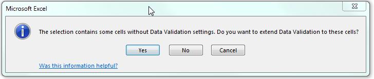 Copying Validation If you forget to select a range of cells before setting validation rules, you can still copy the validation rules to the other cells.