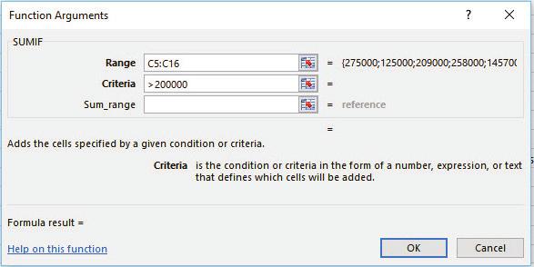 Using Advanced Formulas 173 4. In the Criteria box, type >200000 and then press Tab. Figure 10-2 shows that the Sum_ range text box is not bold. This means that this argument is optional.