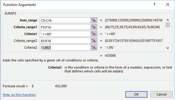Using Advanced Formulas 175 6. In the Criteria_range2 box, select cells C5:C16. You are now choosing your second cell range. 7. In the Criteria2 box, type >200000. Click OK.