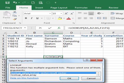 Excel Look-up Functions Example: Use the Lookup function to find the Year of completion for student ID number 118212.