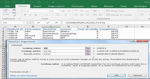 Excel Look-up Functions Use the Insert Function to display the function arguments dialogue box as in fig (c) below.