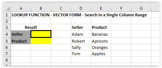 VECTOR FORM COLUMN RANGE EXAMPLE: Search within a single-column range of cells Display the appropriate worksheet: Click on the LOOKUP - VECTOR - SINGLE COLUMN tab The LOOKUP VECTOR SINGLE COLUMN