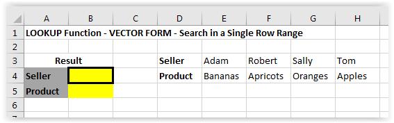 VECTOR FORM ROW RANGE EXAMPLE: Search within a single-row range of cells Display the appropriate worksheet: Click on the LOOKUP - VECTOR - SINGLE ROW tab The LOOKUP VECTOR SINGLE ROW worksheet will
