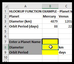 Enter the HLOOKUP function in CELL B8 Click within CELL B8 Type =HLOOKUP(B7,B2:I4,2,FALSE) in the Formula Bar and Press ENTER The #N/A message should appear in CELL B8 The basic purpose of the #N/A