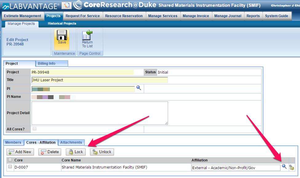 7. Select the Affiliation line; click Lock. To modify Affiliations, you must first Unlock the line.