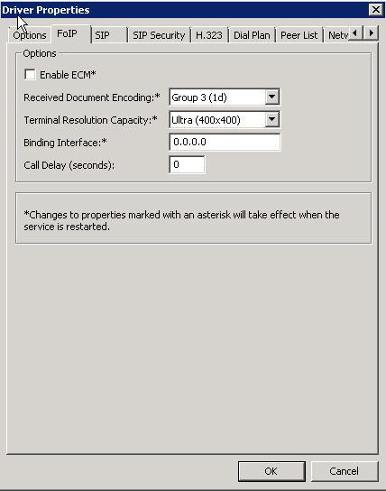 Step Description 4. T.38 Parameters On the Driver Properties screen, select the FoIP tab. Configure the fields as follows: Received Document Encoding Set this field to the highest encoding allowed.