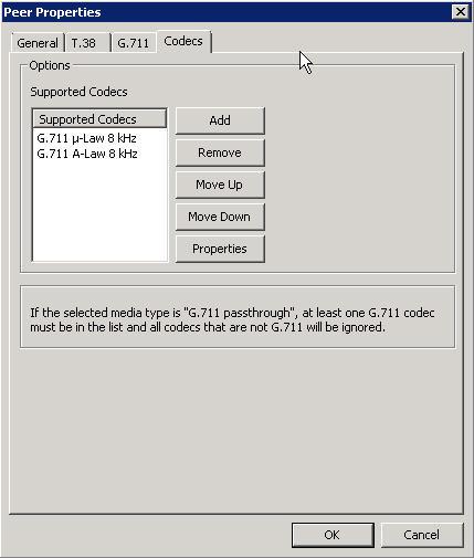 Step Description 8. Codec On the Peer Properties screen, select the Codec tab. To add a codec for the SIP peer, select the Add button and select the values from the drop-down menu.