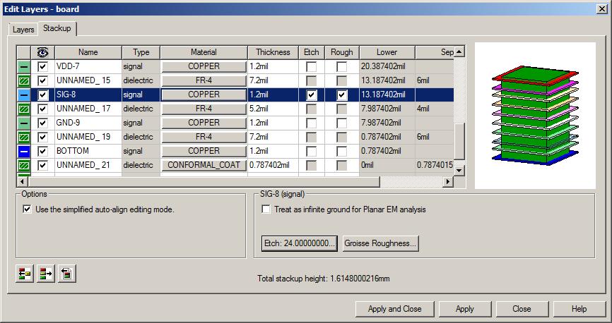 HFSS ECAD Layout Editor Surface roughness and etch factor can