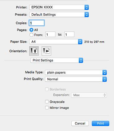 Printing 5. Select Print Settings from the pop-up menu. On Mac OS X v10.8.x or later, if the Print Settings menu is not displayed, the Epson printer driver has not been installed correctly.