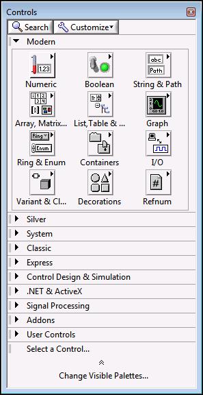 build user interfaces, controls are dragged from the controls window to the front panel and arranged