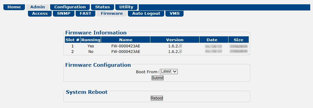 Updating Firmware Revision 2 b) Reboot the CDD-880: Go to either the CDD-880 HTTP Interface Admin Firmware page or the Utility Reboot page: Click [Reboot] to reboot the unit.