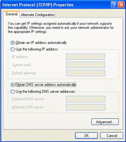 4. Select Obtain an IP address automatically and Obtain DNS server address