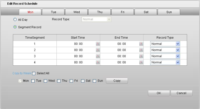 If you want to record in different time sections, check the Segment Record checkbox. Set the Start Time and End Time. Note: The time of each segment can t be overlapped.
