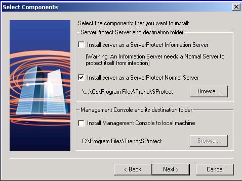 7. Under the "Select Components" screen, you ONLY want to check the one, "Install server as a