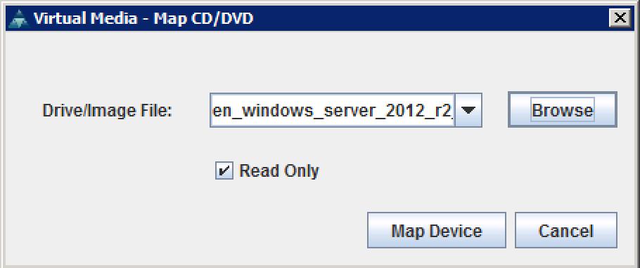 5. Click Activate Virtual Devices. 6. Click Map CD/DVD. 7. Browse to the location of the Windows Server 2012 R2 installation media and select it. Click Map Device. 8.