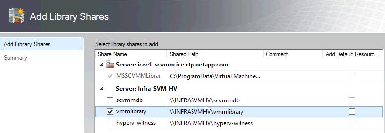 7. In the Add Library Server wizard, select the vmmlibrary share configured previously. 8. Click Next. Review the Summary page and click Add Library Shares.