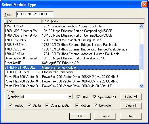 click on the backplane and select new module b) Select the specific Ethernet communication module from the list provided c) Set all network parameters in the module properties and set the module to